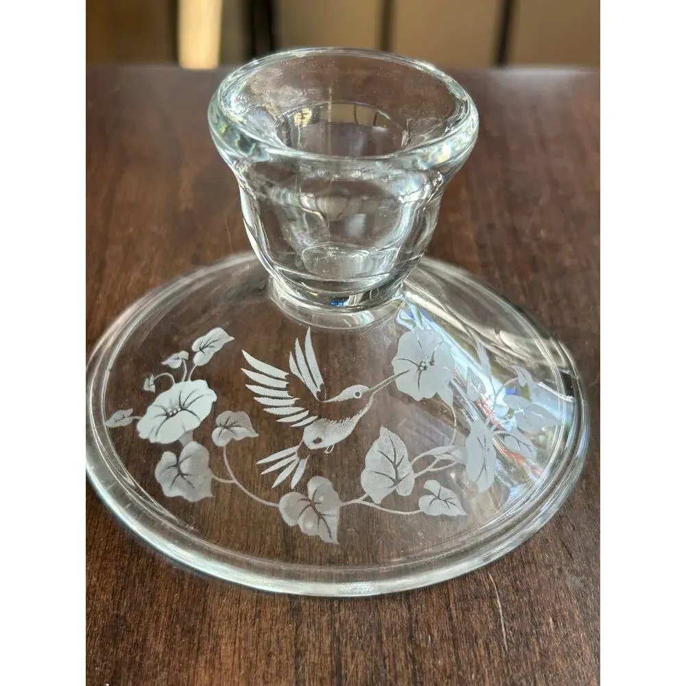 2 New no box Avon white etched hummingbird and floral candle stick holders gift